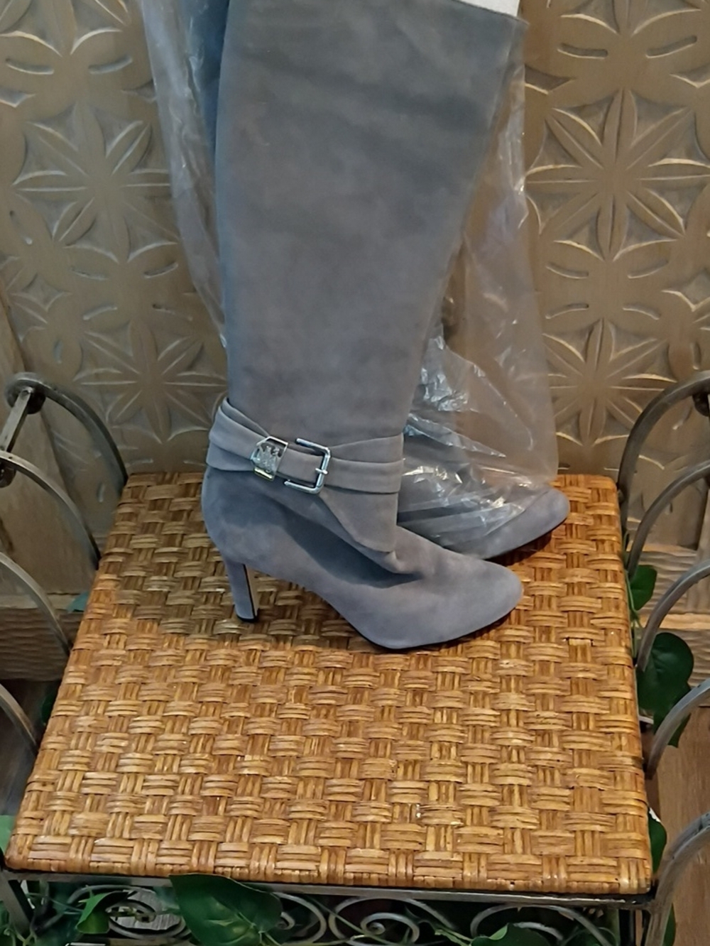 ANTONIO MELANI Gray Suede Knee-High Buckle Stiletto Boots